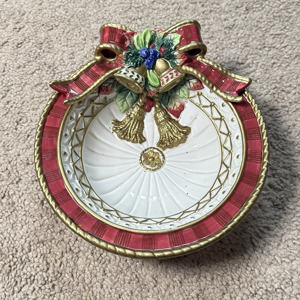 Fitz Floyd Holiday Bells Canape Plate Christmas Bow Holly Red Gold 8.25"